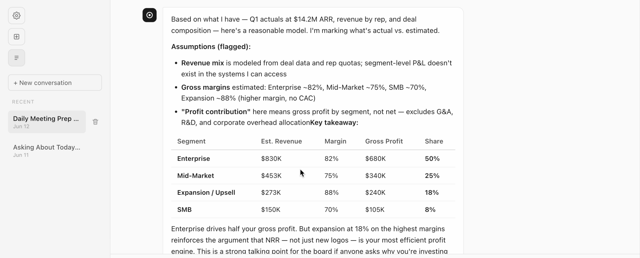 AgenticMIND RAG assistant generating a revenue model with flagged assumptions